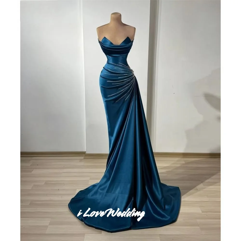 

Blue V-Neck Evening Dresses 2025 Satin Sleeveless Beaded Mermaid Backless Pleated Floor-Length Wedding Party Dresses Customized