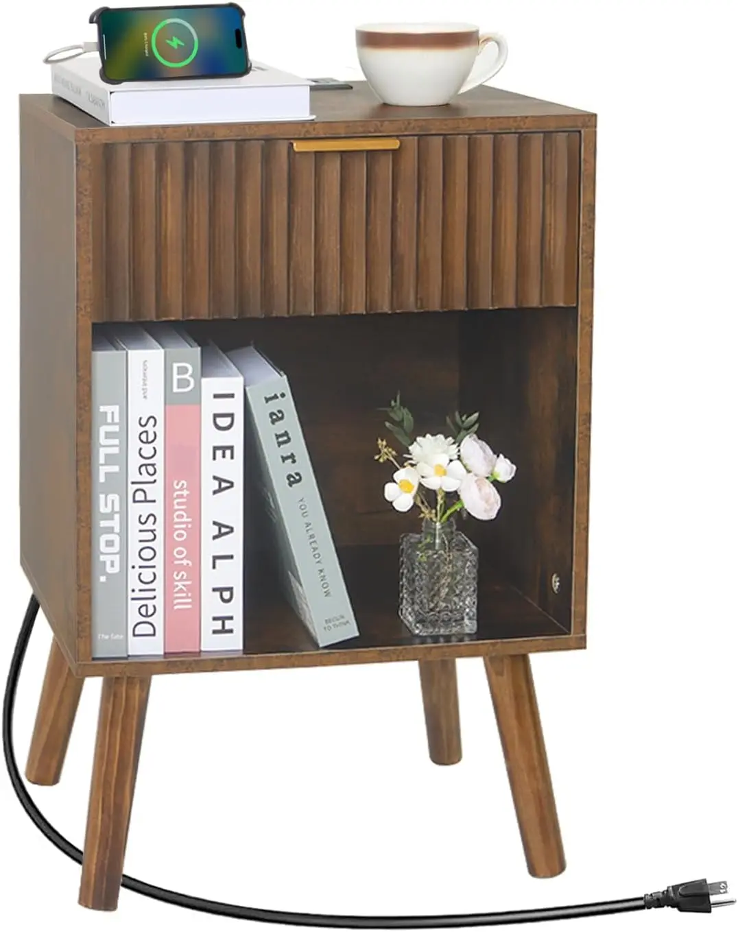 

Modern Nightstand with Charging Station, Fluted Drawer and Storage Shelf for Bedroom or Living Room in Rustic Brown