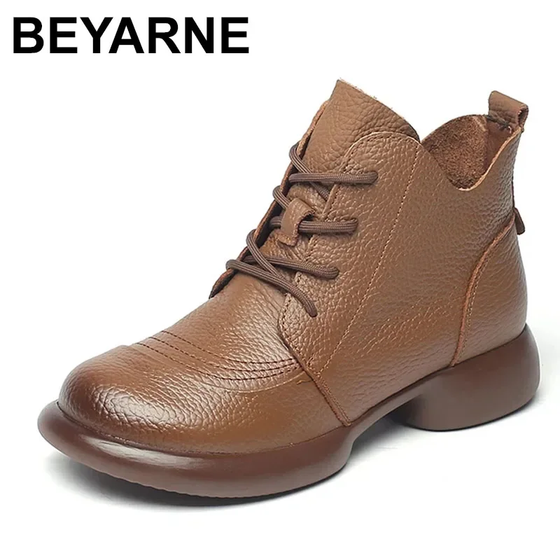 Women Autumn Boots Cowhide Ankle Boots  Winter Retro Casual Genuine Leather Mother Boots Fur Keep Warm Low Heel 41