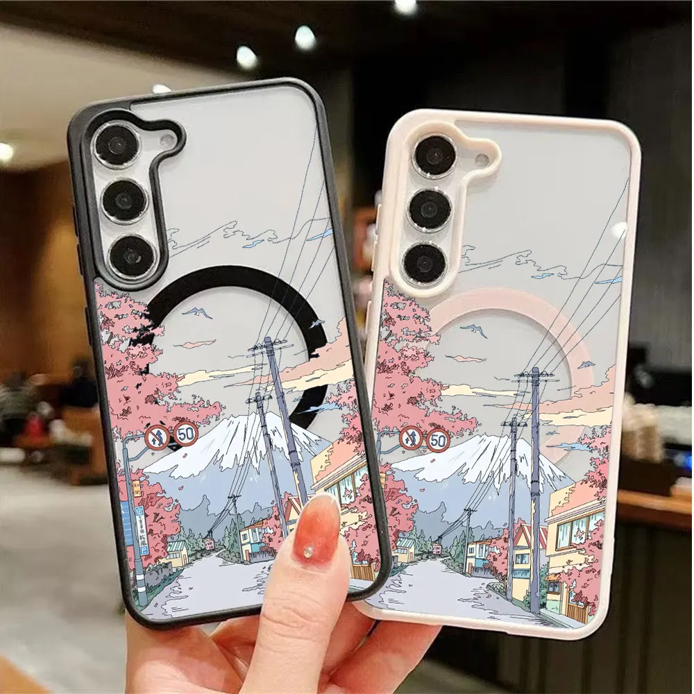 Japanese Cartoon Landscape Magnetic Phone Case For Samsung Galaxy S26 S25 S24 S23 S22 Ultra Plus FE 5G Wireless Charging Cover