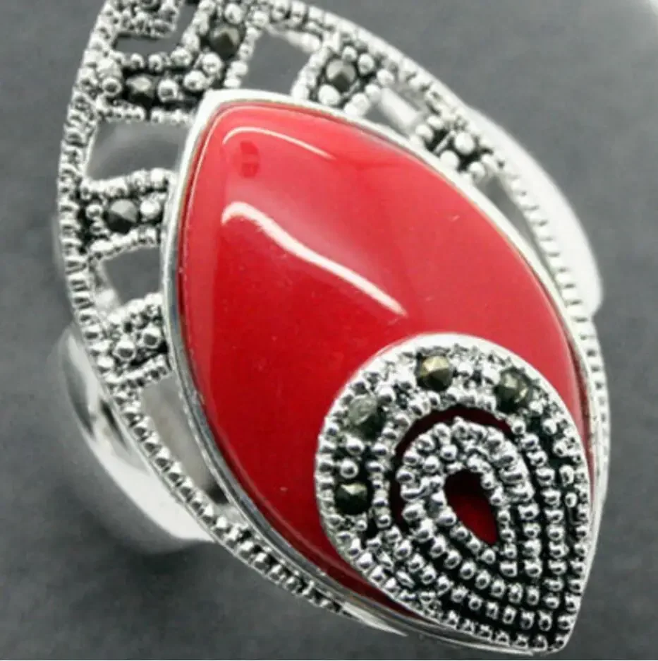 Fashion jewelry   wholesale good 925 Sterling Silver Red Carved Lacquer With Marcasite Attractive Ring Size Nobilit