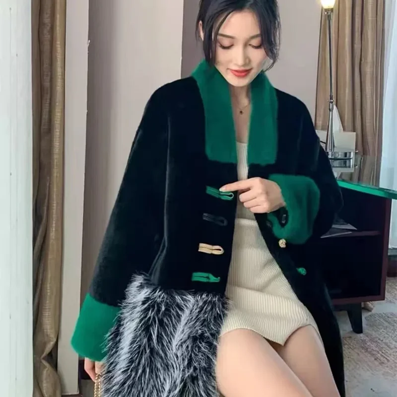 Faux Mink Fur Coats for Women,Single Breasted Jackets,Female Overcoat,Thicken Warm Clothes,Chinese Style,Spliced,New,Winter,2024