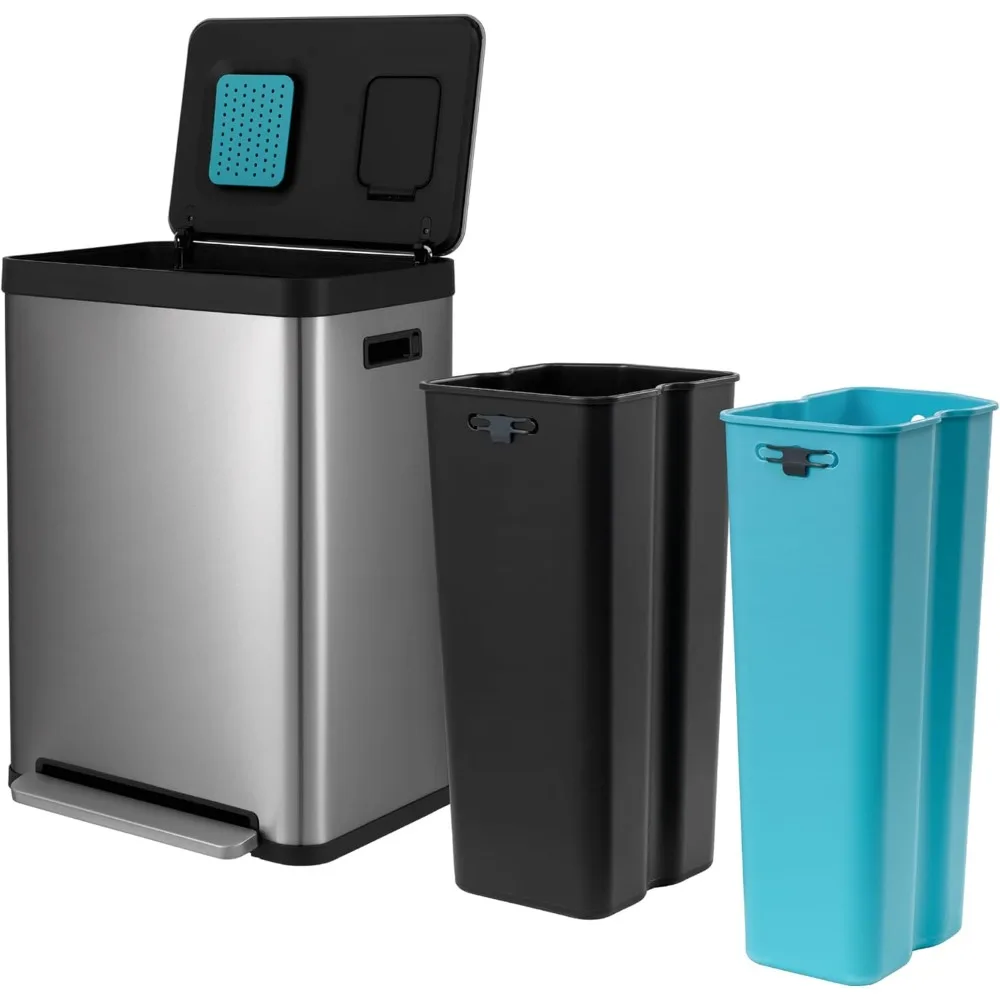 

19 Gallon Kitchen Trash Can With Dual Compartments For Recycling, Cleanaura Odor Control, Stainless Steel, Silver, 70 Liters To
