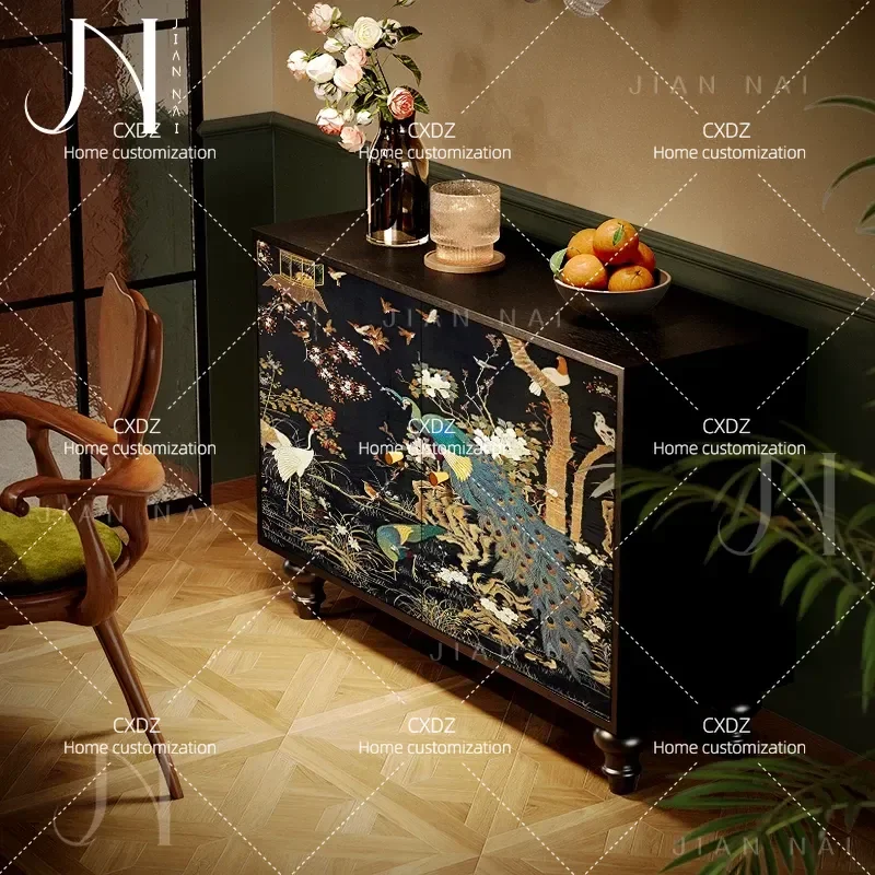 French Chinese style peacock flower bird solid wood tall cabinet living room wall storage dining room locker entrance