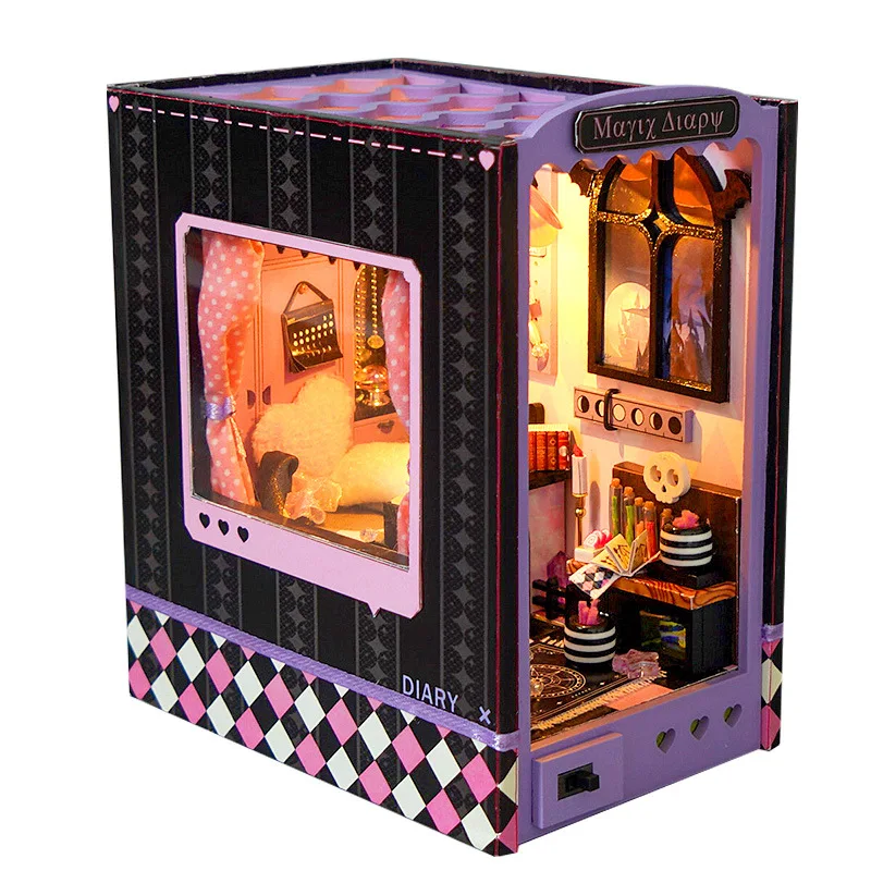 Fai da te Libro Nook Strega Diario Camera da letto Kit modello in miniatura in legno Fermalibri magico Puzzle 3D Scaffale Decorazioni per la casa Amici Regali di compleanno