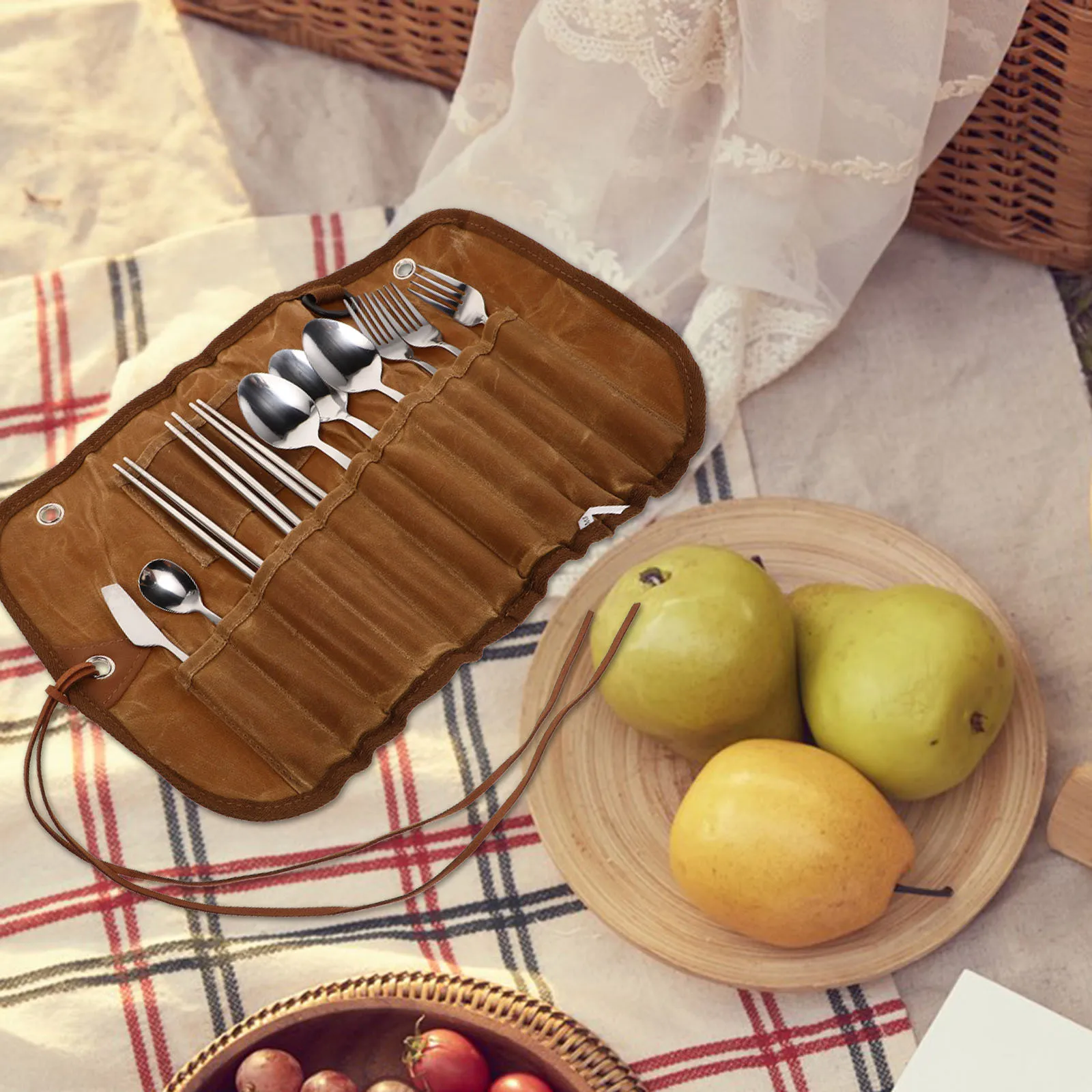 1 مجموعة أدوات المائدة في الهواء الطلق المنظم الفولاذ المقاوم للصدأ أواني التخييم مجموعة المحمولة حقيبة التخزين مخيم أدوات المائدة شوكة ملعقة عيدان