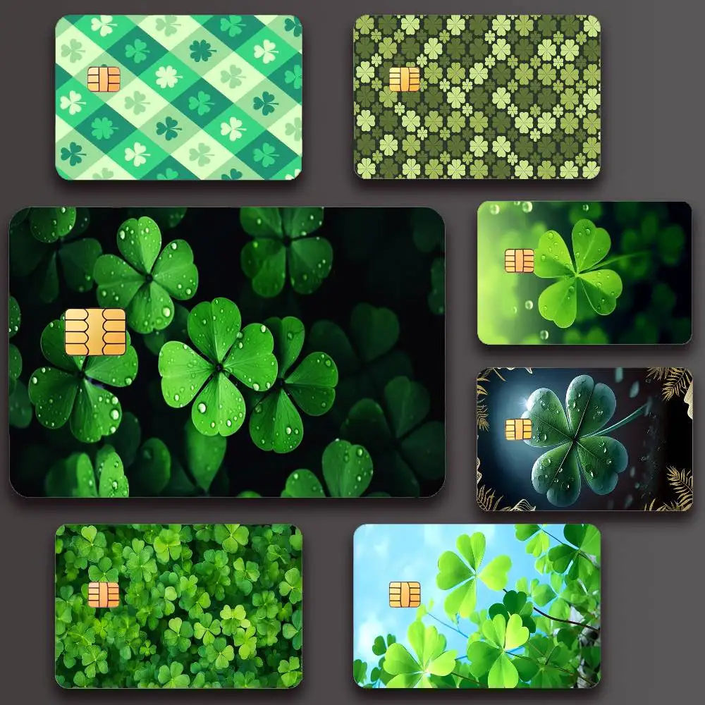 Lucky Four-Leaf Clover Pattern Poster Credit Skin Cover Card Stickers 4PCS Film Bus Pass Front Decoration Bank Debit Waterproof