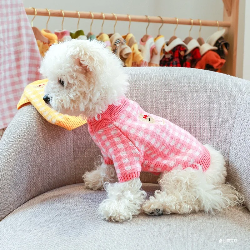 1PC Pet Clothing Cat Pink Plaid Rabbit Autumn and Winter Thickened Warm Knitted Sweater Suitable for Small and Medium sized Dogs