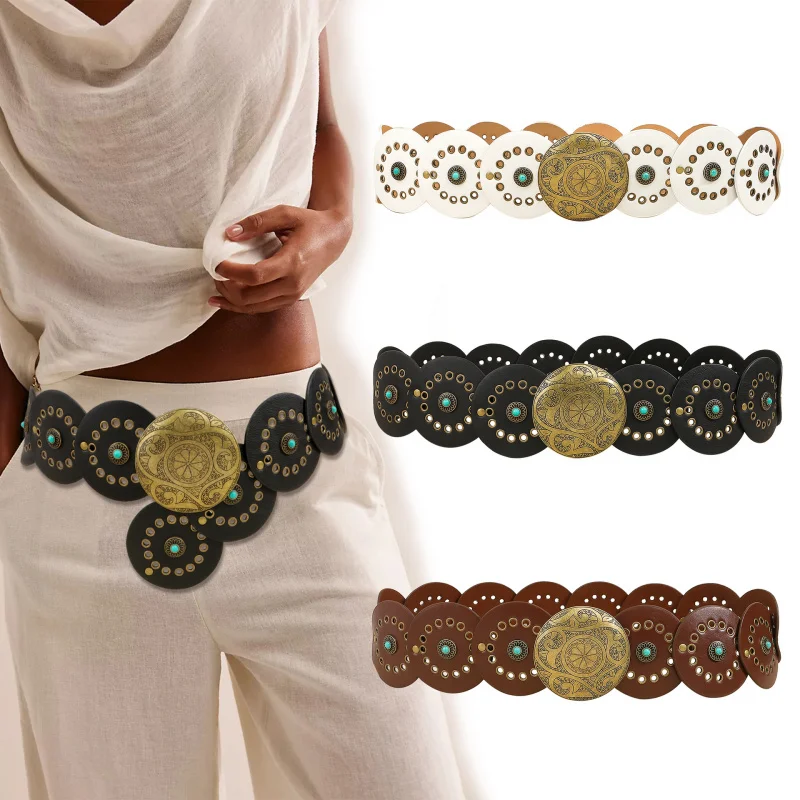 

Western Turquoise Air hole Round PU Leather Patchwork Women Waistband Belt Punk Hiphop Cummerbund for Ladies