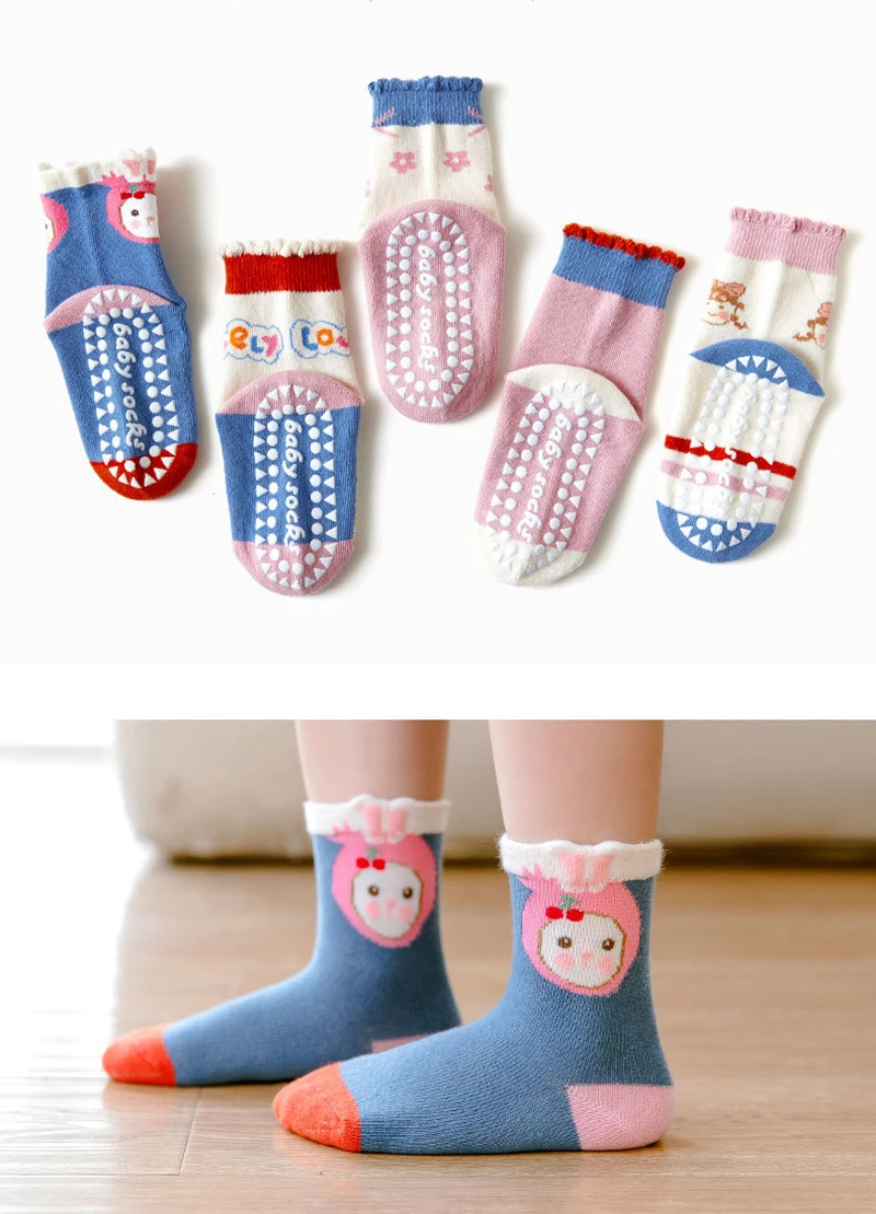 5 pairs children\'s socks Non-slip floor socks for kids Cute printed mid-tube socks Cotton socks for children aged 1-12 years