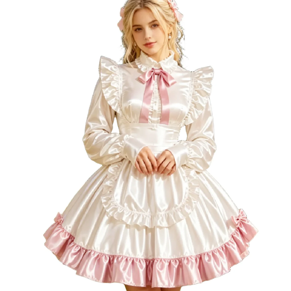 White Pink Satin Lolita Dress Apron Maid Outfit Long Sleeve Bow Evening Gowns Gothic Victorian Cosplay Party Mini Cocktail Party