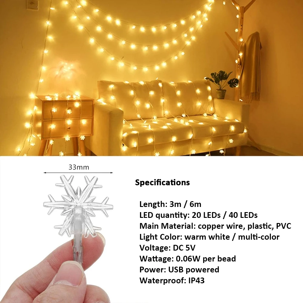 Snowflake String Lights, 3m/6m LED Fairy String Light USB Powered for Wedding Party Indoor Outdoor Decor, Warm White/Multi-Color