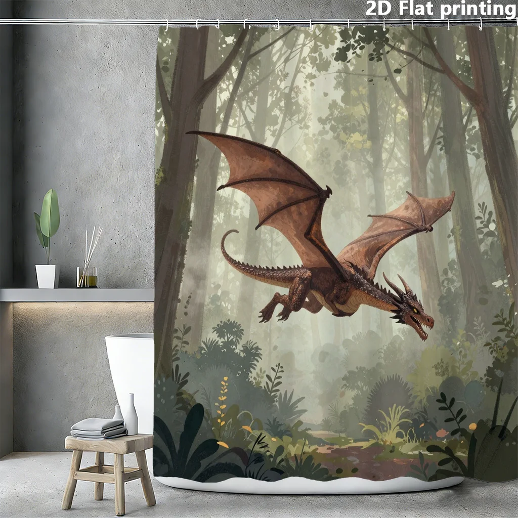 Abstract Mythical Beast Shower Curtain – Forest Scene in Moss Green & Umber, Polyester, 12 Grommets, Machine Washable, 72×72