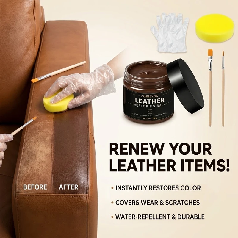 Leather Restoring Balm Color Restorer Cream for Couch Car Seats Shoes and Bags with Brushes Sponge Gloves Care Set 50g  ZORILYNX