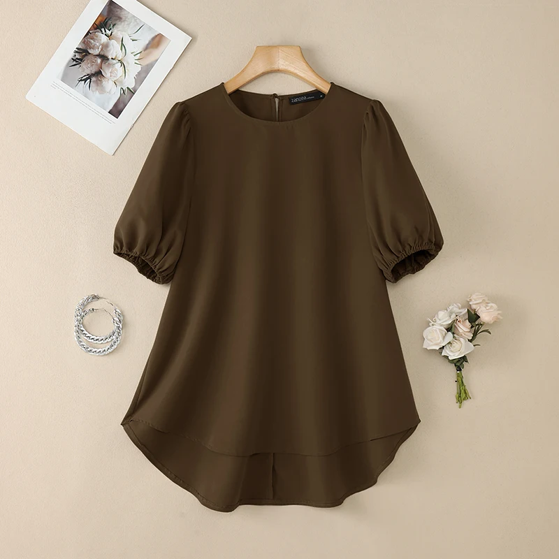 2026 ZANZEA Summer Elegant Short Lantern Sleeve Work Blouses Stylish Women Shirt Casual Solid O Neck Midi Length Tops Oversize