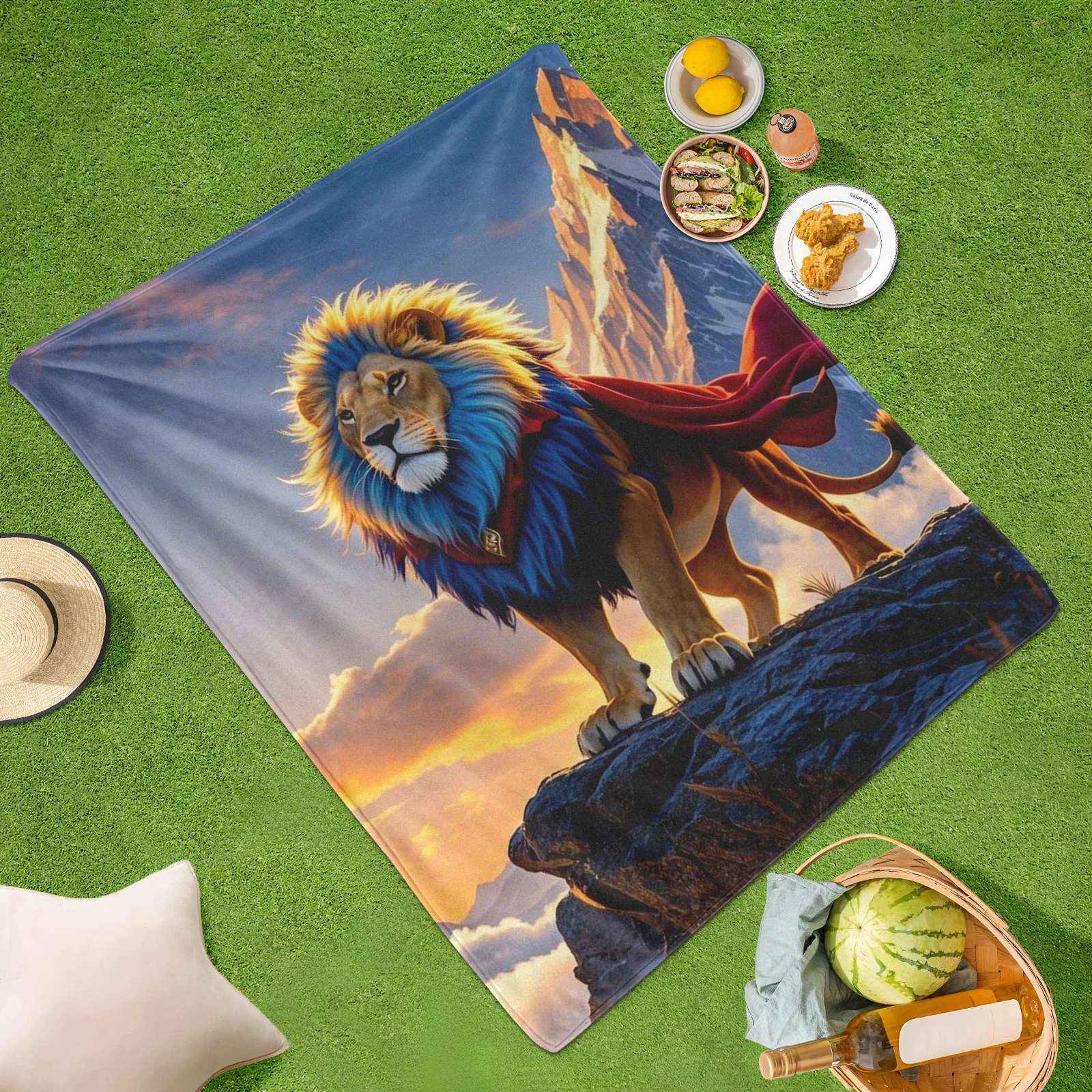 بطانية Lion Hero Red Cape Mountain Sunset مستوحاة من رحلة المغامرة الخارجية المهيبة والملحمية