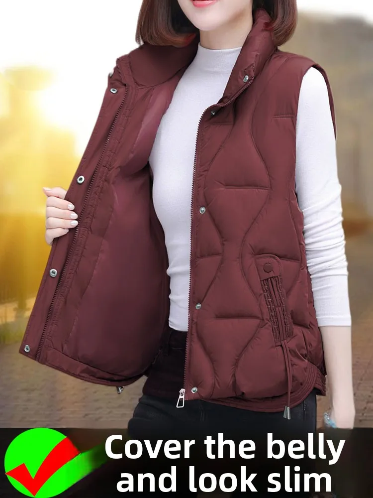 

Loose Women's Autumn Winter Red Wine Color Stand Collar Vest Outerwear Thiened Large Size Casual Faion Outerwear