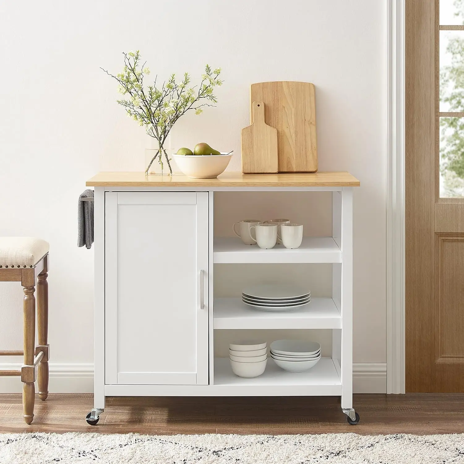 Crosley Furniture Tristan Open Storage Kitchen Cart with Natural Wood Top, White