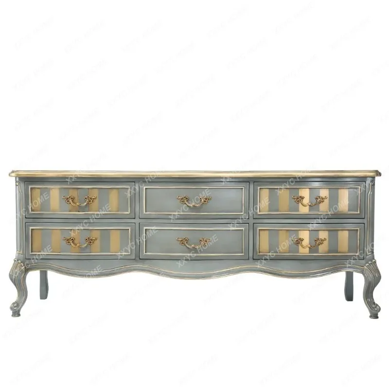 XX retro solid wood hand-carved TV cabinet gold-painted floor cabinet drawer cabinet