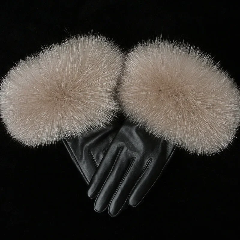 100% Real Leather Women's Big Fox Fur Gloves Fall Winter Plus Velvet Female Fashion Plus Velvet Warm Sheepskin Outdoor Gloves