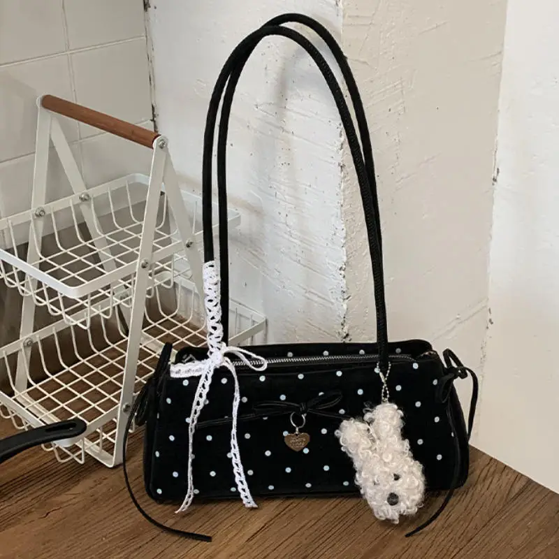 Bolso de hombro de piel sintética con lazo de encaje coreano y estampado de lunares, con cremallera, de alta calidad, versátil para citas y fiestas.