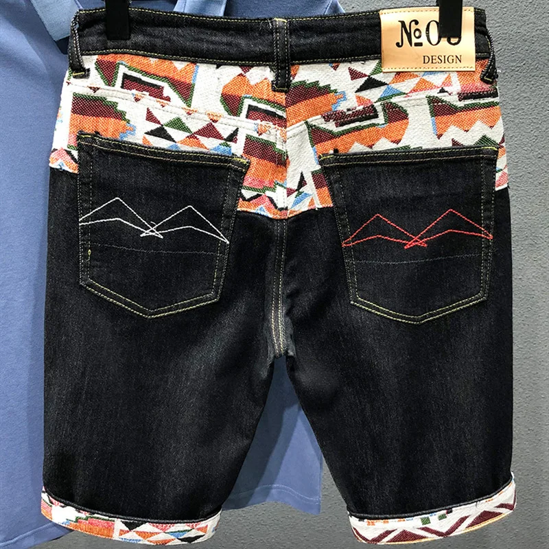 2024 Summer Denim Shorts Men's Stitching Embroidery Ripped Knee-length White Black Retro Blue Fashion High Quality Jeans