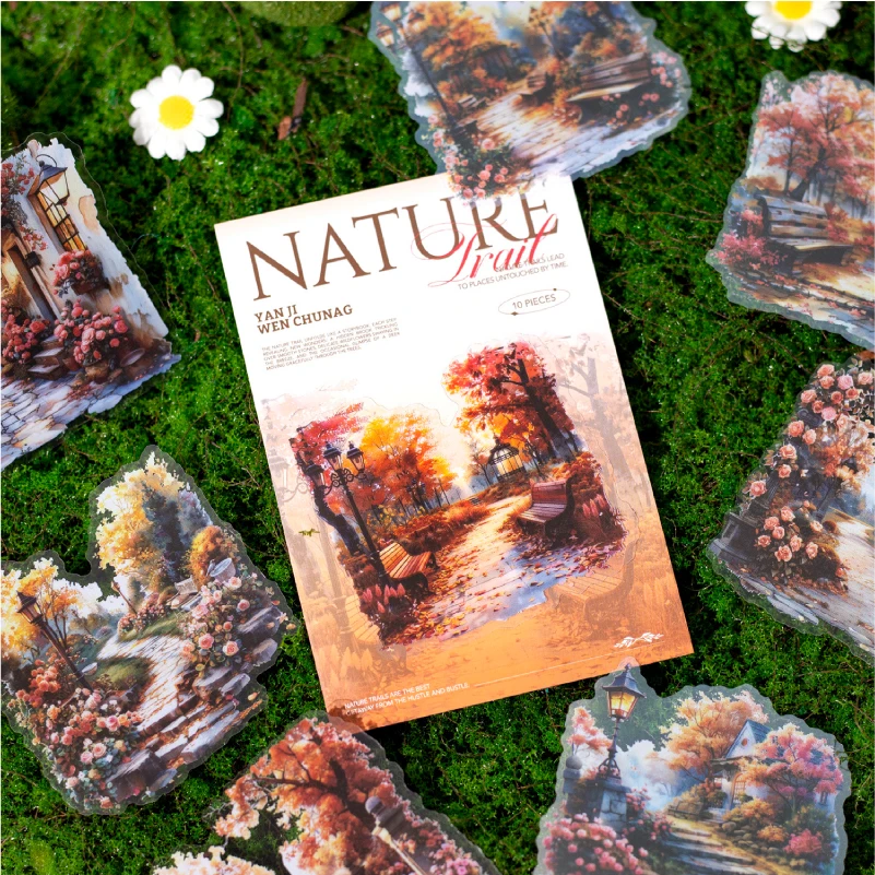 Journal GO 10pcs/lot PET Stickers Small Path Scenery Creative Collage Junk Journal Scrapbooking Decor Natural Path Labels