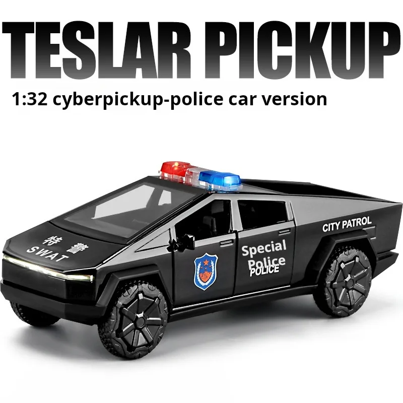 1:32 Pickup Police Car High Simulation Diecast Metal Alloy Model Car Sound Light Pull Back Collection Kids Toy Gifts for Tesla 