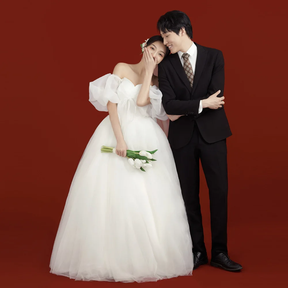 GIYSILE One Shoulder Bow Mesh Wedding Dress for Women Puff Sleeve Princess Skirt Length To The Ground Wedding Shooting Dresses