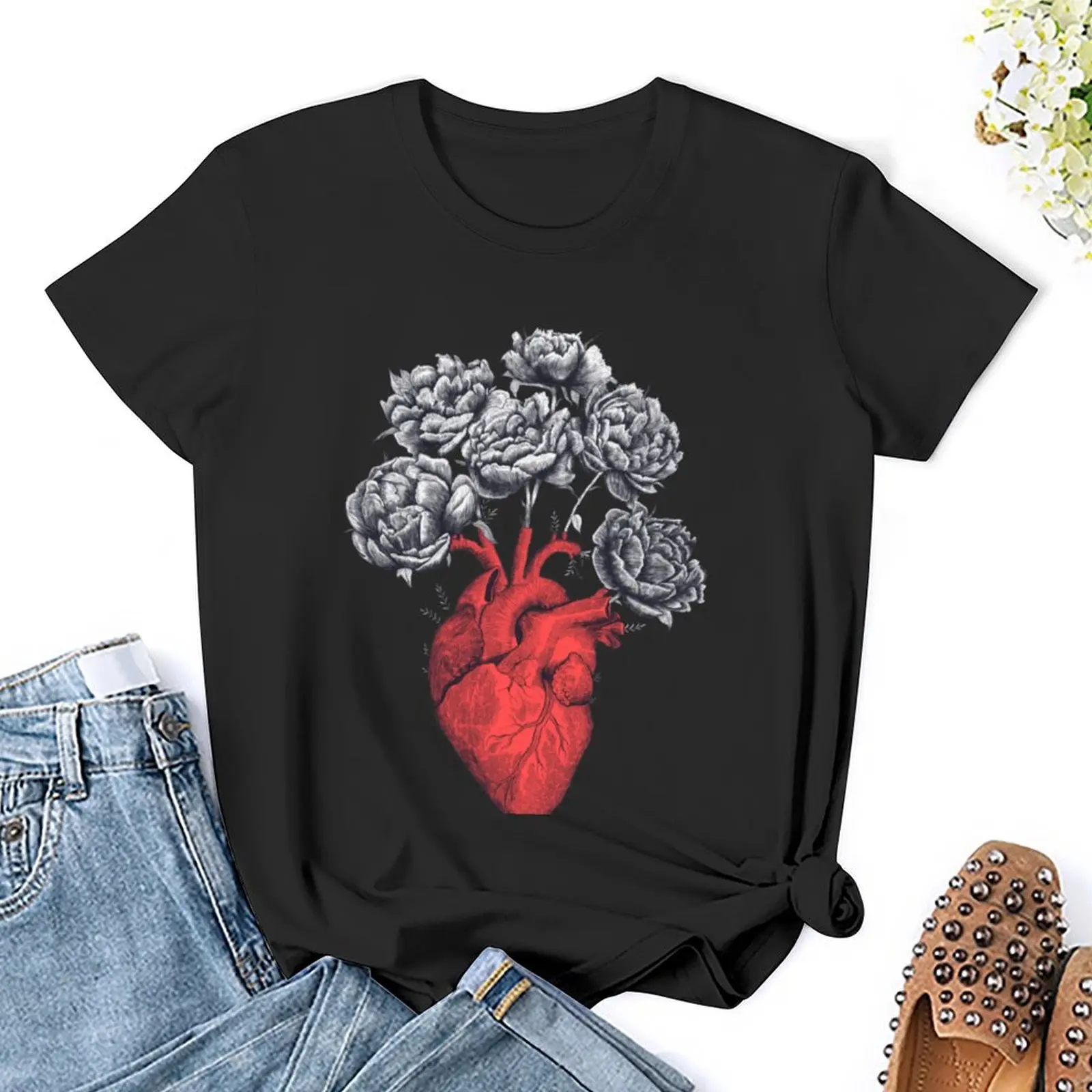 Heart with peonies T-Shirt Blouse graphics Women's t-shirt