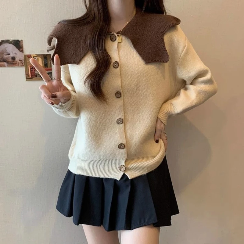 Knitted Cardigan New Design with Age Reducing Doll Collar Contrasting Colors Lazy Style Versatile Sweater Jacket