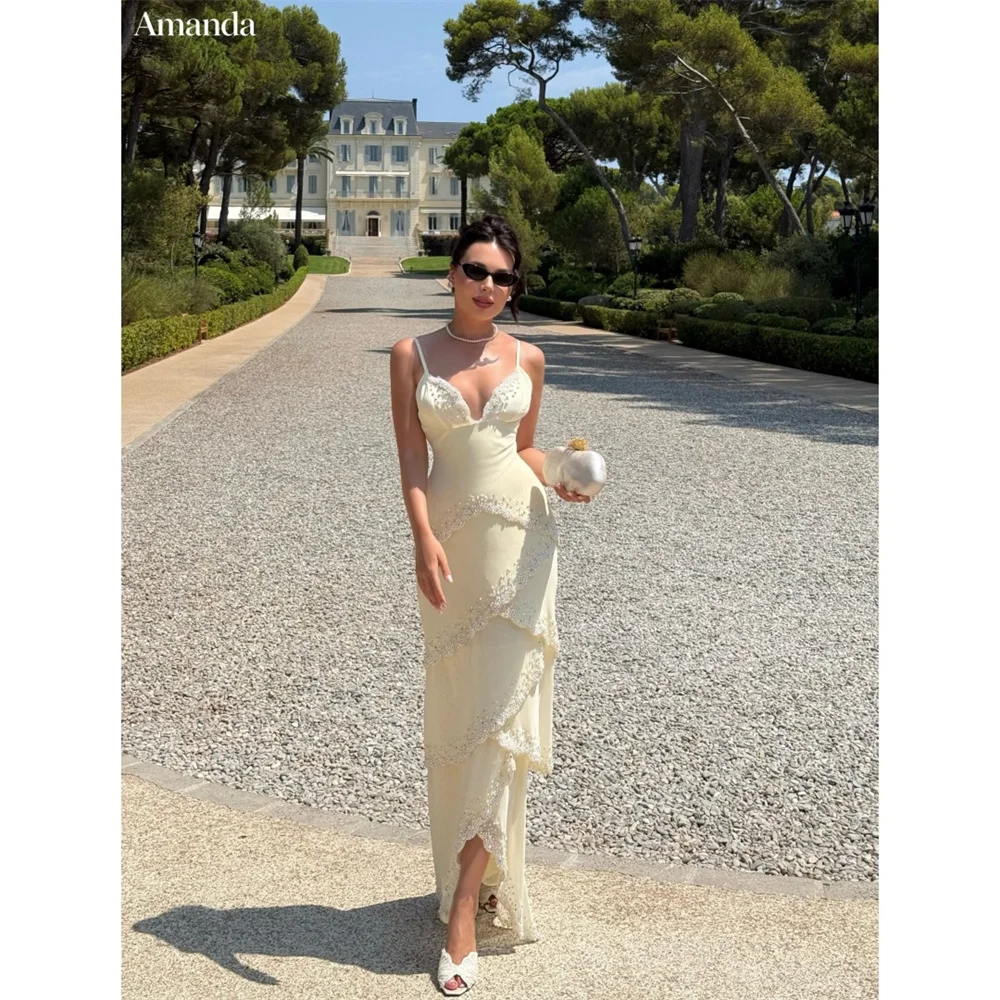 Amanda Customizd Spaghetti Strap Sweetheart neck Chiffon Maxi dress Evening gowns Tiered ruffle hem Elegant Women's party dress