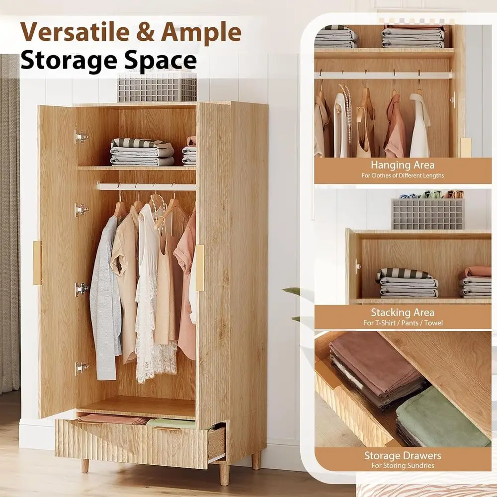 Komorebi Japandi Fluted Oak Wardrobe Armoire internal shelving and hanging rod detail