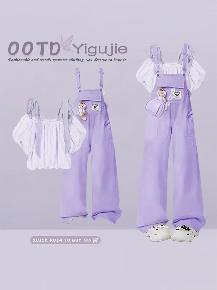 

Sweet Large Size Purple Bubble Sleeve Shoulder Bared Chiffon Top with High Waist Denim Shorts Two Piece Set Summer Fashion Wo...