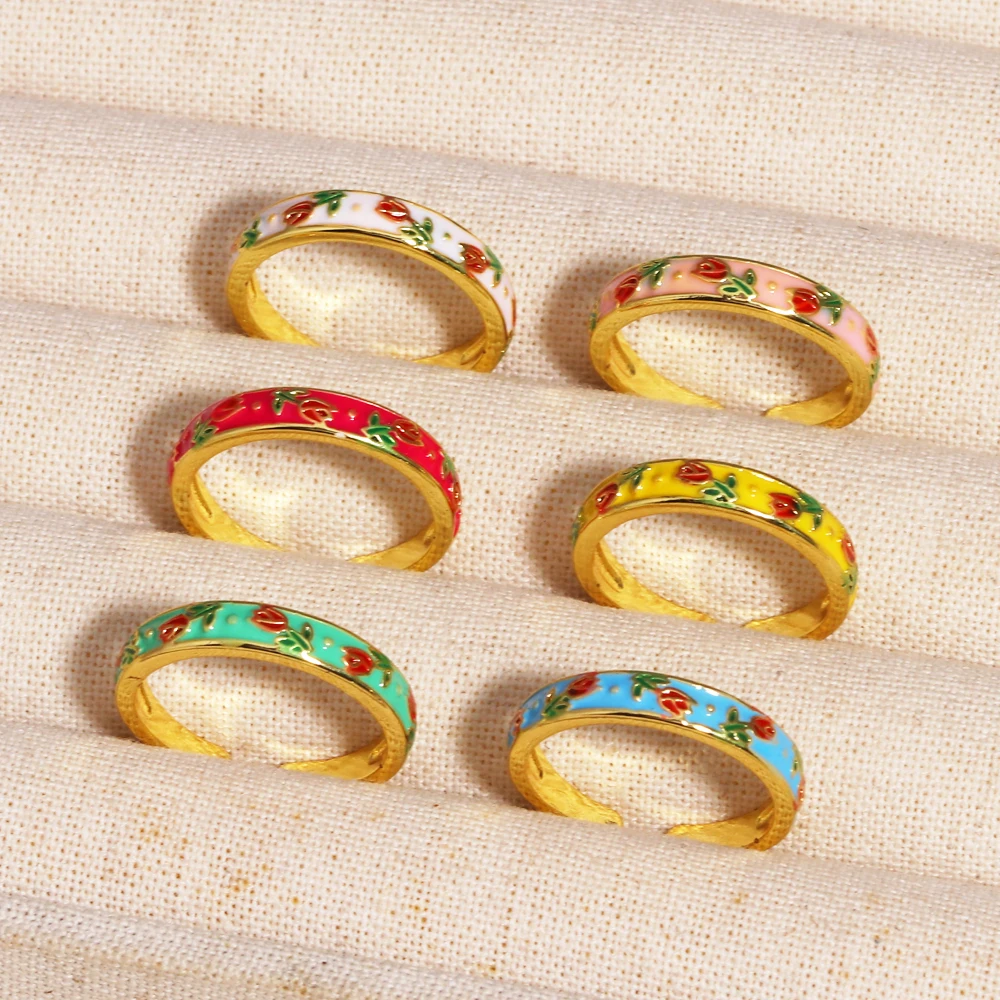 The Ring Is 18K Gold-Plated Stainless Steel Colorful Pink Green Yellow Blue Enamel Checker Rings For Women Geometric Jewelry