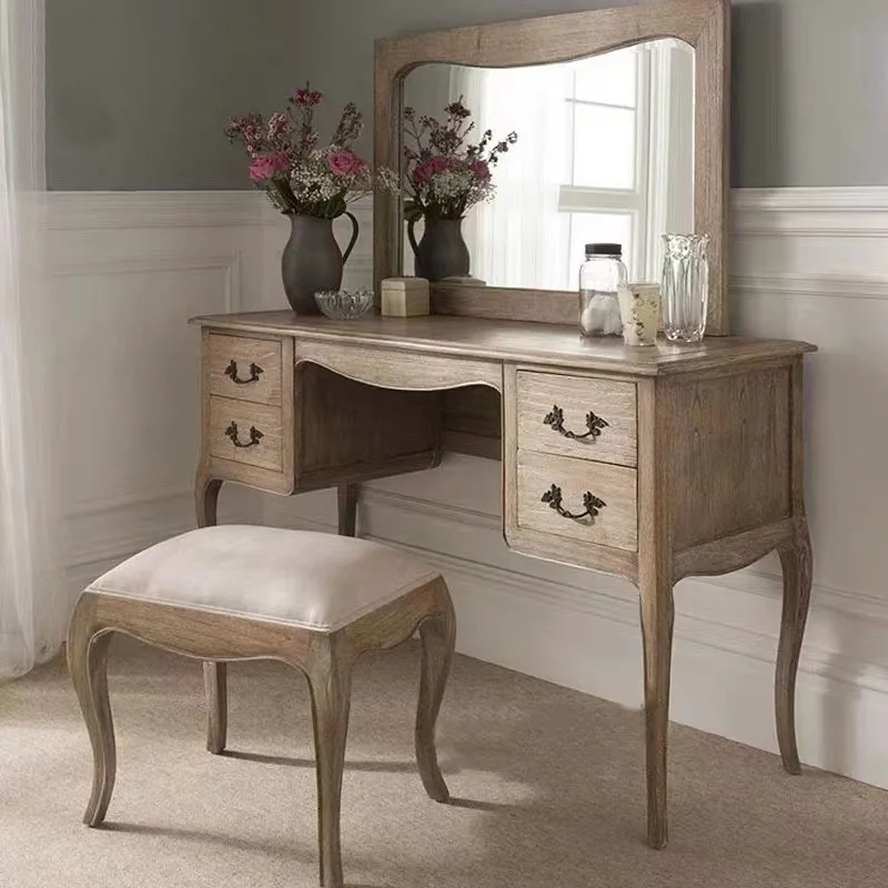 

American Country Solid Wood Retro Old Dresser French Bedroom Oak Weathered Gray Makeup Table Desk