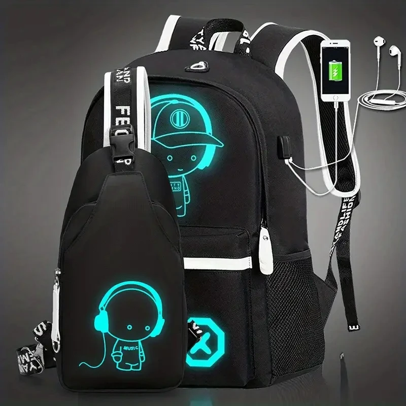 Luminous Black USB Backpacks Cool Music Boys Girls Capacity Laptop Teens School Bags Travel Outdoor Mochilas Glow In the dark