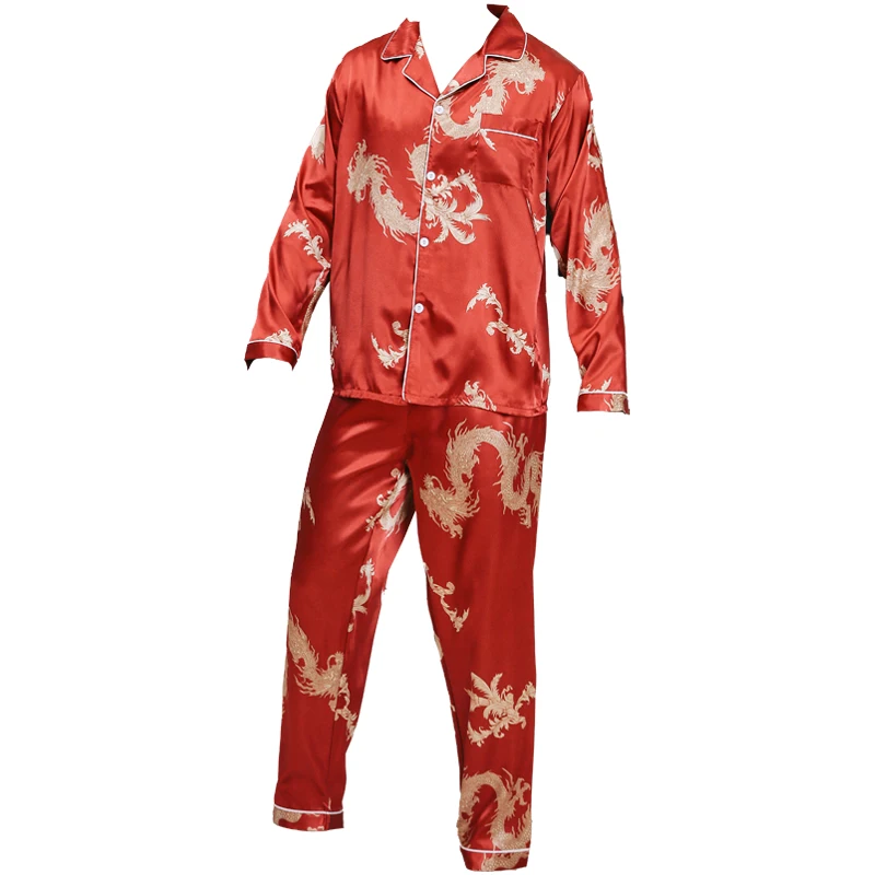 Ice silk pajamas for men\'s spring and autumn 2024 new long sleeved Chinese dragon red zodiac year summer Large size sleepwears