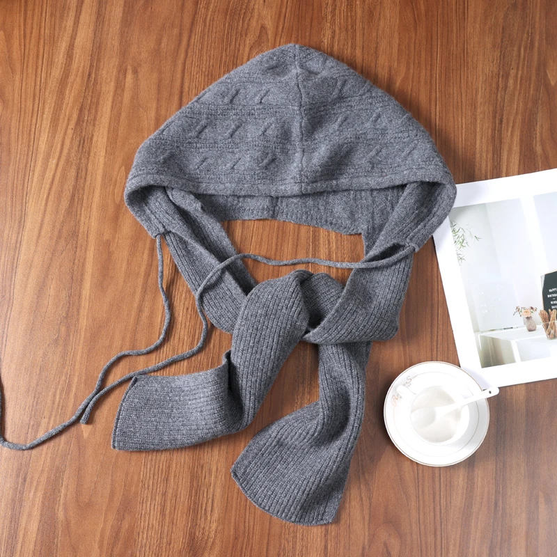 

Unisex 100% Cashmere Knitted Fried Dough Twist Cape Hat Drawstring Solid Color Neck Protection Elegant Casual Winter Accessory