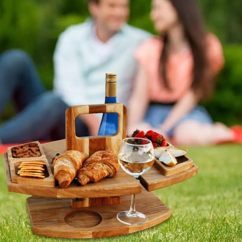 Wooden Folding Picnic Table Outdoor Wine Picnic Table Outdoor Beach Bar Table Snack And Cheese Tray With 2 Wine Glasses Holder