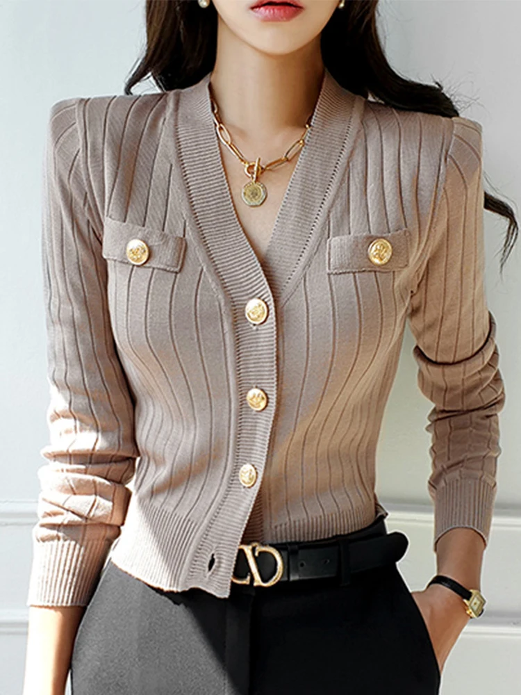 جديد إمرأة مخطط متماسكة كم طويل سترة قصيرة سترة الخامس الرقبة زر الذهب سليم بلايز عادية موضة تخفيف اليومية ملابس للسيدات #2