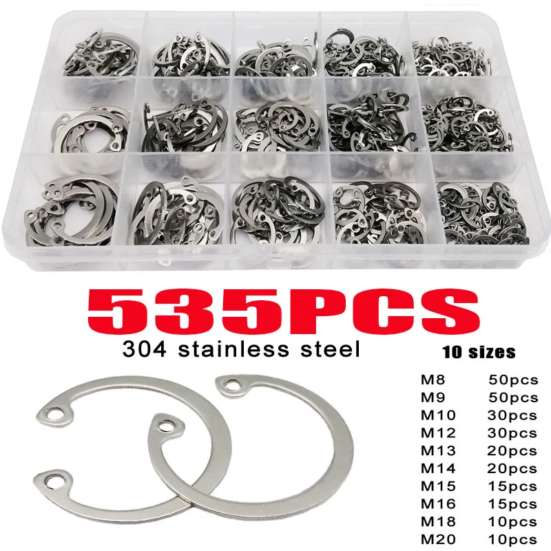 

535Pcs C-clip Washer M8-M20 Internal External Retaining Circlips Retaining Ring Stainless Steel Clip Snap Ring Washer Assortment