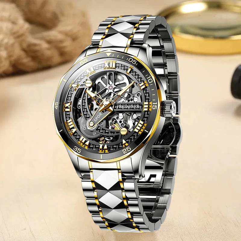 FeelNever Fashion Luxury Mechanical Man Watch Casual Skeleton Waterproof 316L Tungsten Steel Automatic Movement Watches for Men