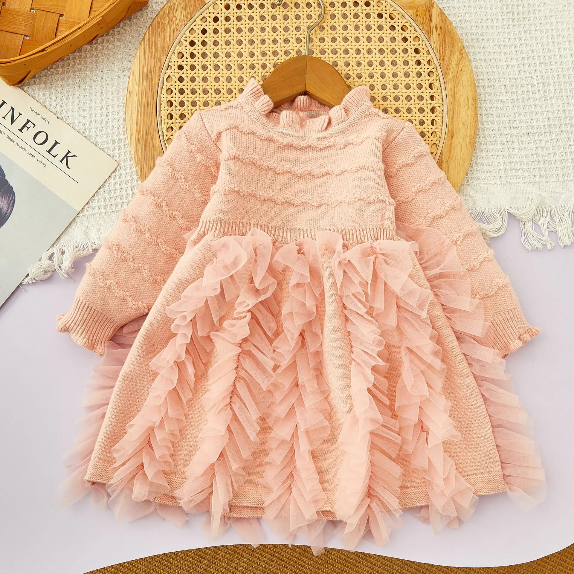 

Girls High Waist Ball Gown Sweaters Dress Winter Fall 2 3 4 5 6 7 8 Year Pink Blue Ruched Mesh Party Dresses Children Clothes