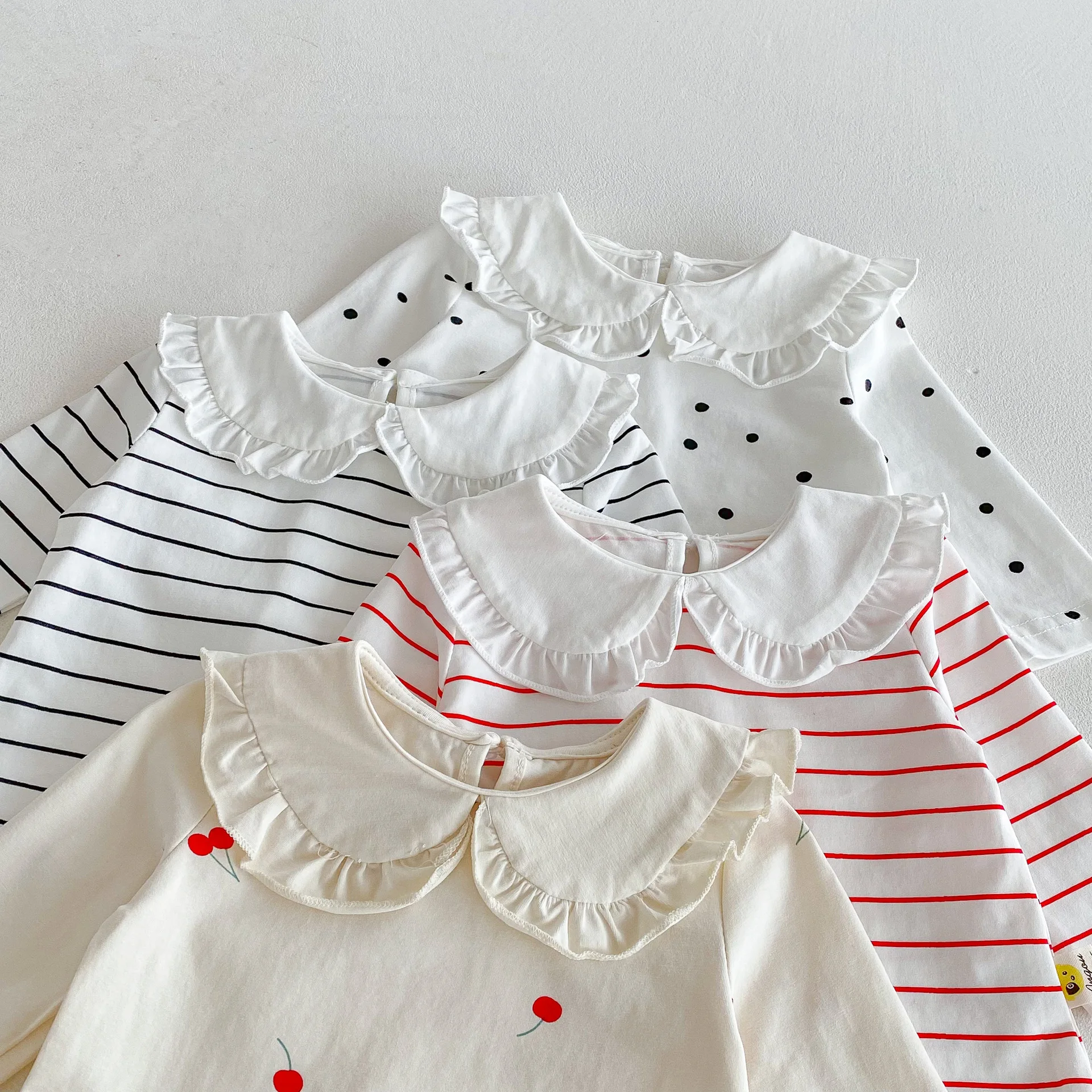 Cartoon Dot Print Girls Cute Striped T Shirts Cotton Infant Clothes 2025 Autumn New Baby Girl Peter Pan Collar Bottoming Shirts