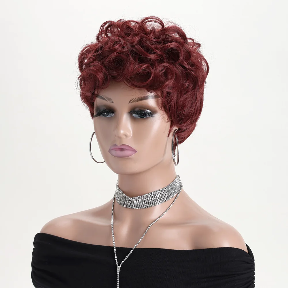 شعر مستعار قصير بيكسي للنساء ذوات البشرة السمراء، شعر صناعي مجعد طبيعي مموج أسود، شعر مستعار أنيق قصير أنثوي