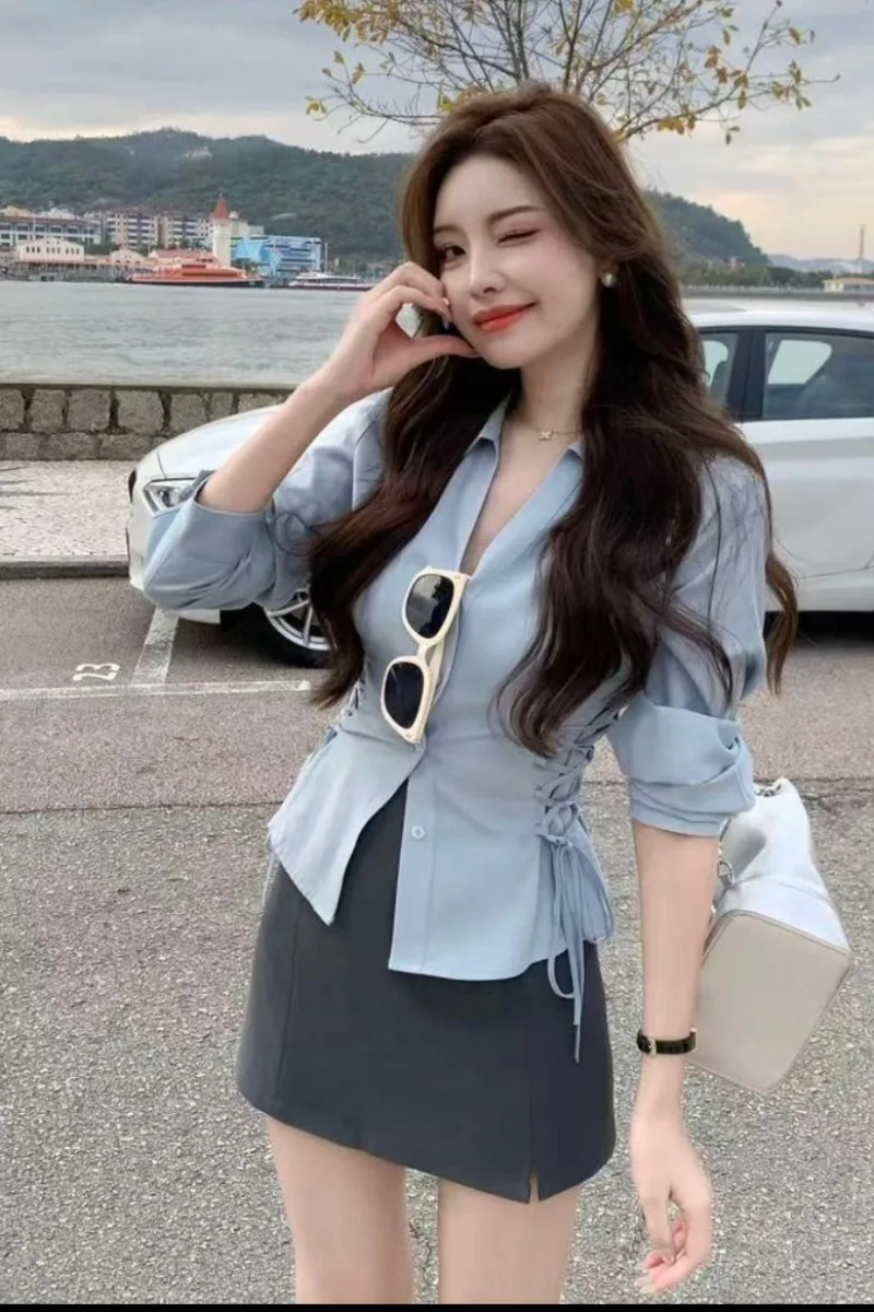 

Office Lady Suit Women's Spring Korean Turn-down Collar Slim Fit Shirt High-waisted Skirt Two-piece Set Fashion Female Clothes