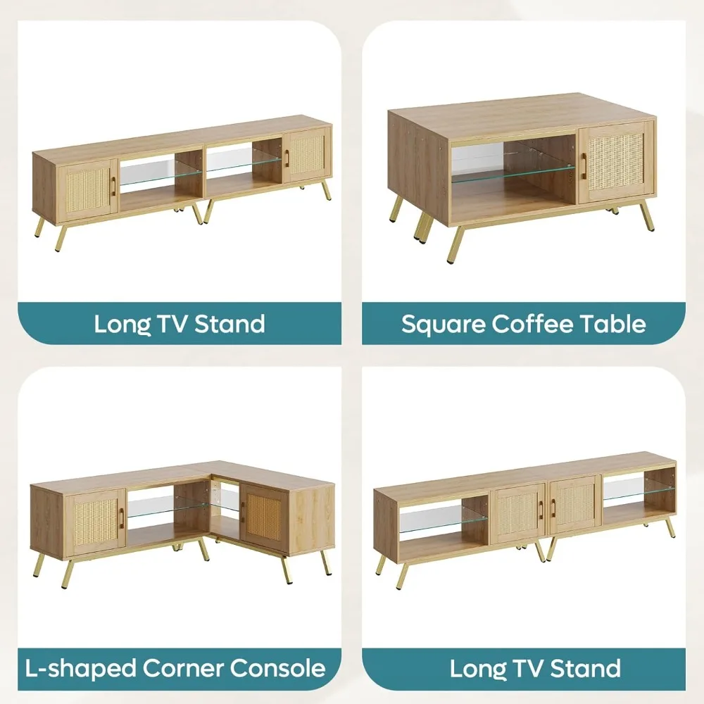 حامل تلفزيون من الروطان الطبيعي مقاس 80 بوصة مع مساحة تخزين لتلفزيون 85 بوصة، ومركز ترفيه حديث 4 في 1 في منتصف القرن مع أضواء LED، Do