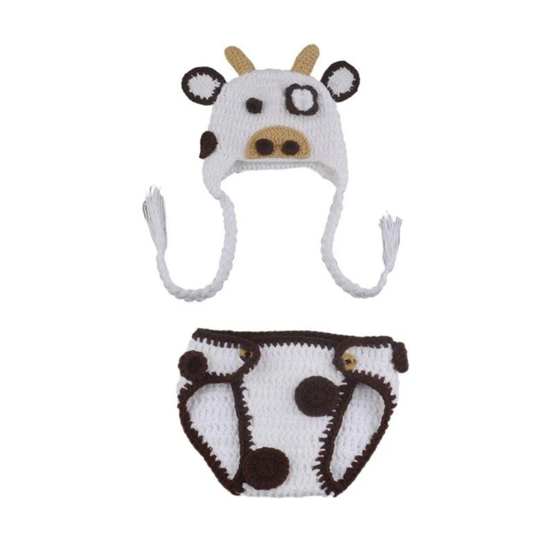 R66D Baby Outfit Woolen Costume Cartoon Cow Infant Halloween Festival Birthday Photography Clothing with Hat Skin-friendly