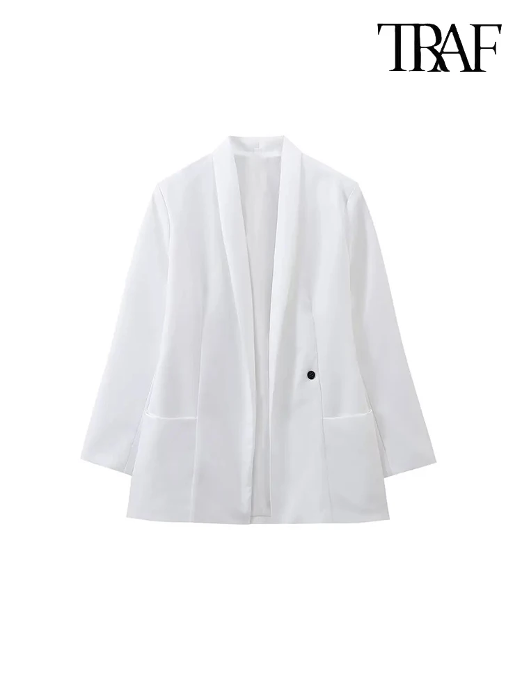 

TRAF Women Fashion Slim Standing Lapel Single Button Blazer Street Casual Temperament Commuter Blazer White Long Sleeve Blazer